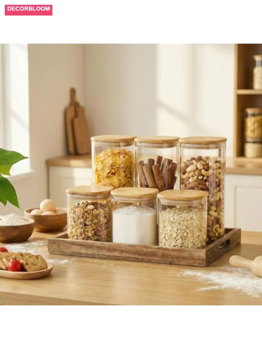Set of 6 Square Glass Jars with Bamboo Lids, 27 oz Airtight Kitchen Canisters